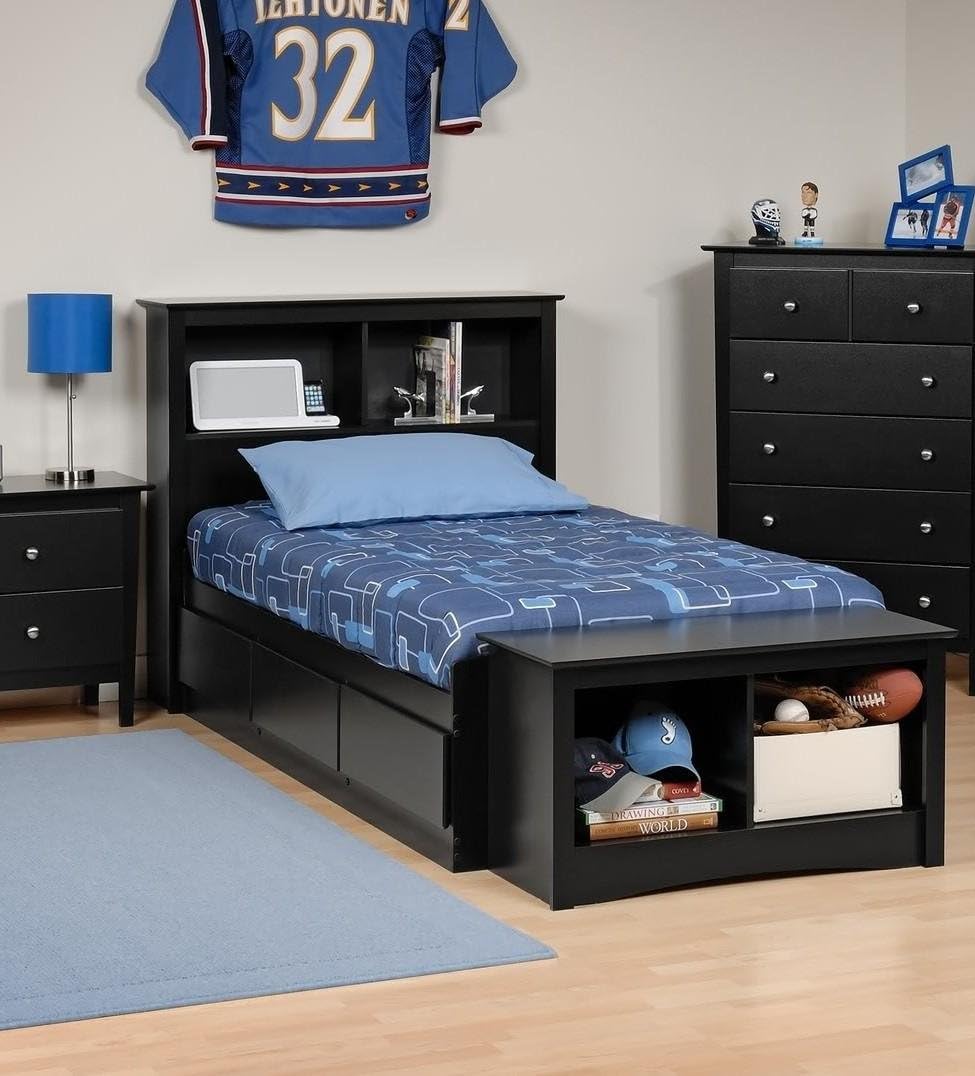 White Twin Platform Storage Bed with Bookcase Headboard Y656