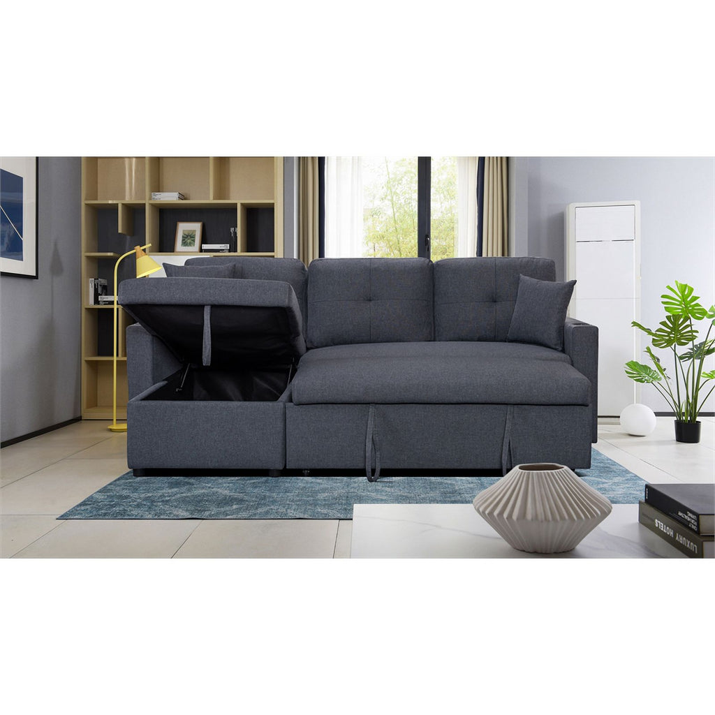 Dark Gray Linen Fabric Reversible Sleeper Sofa Chaise with Cup Holder N293