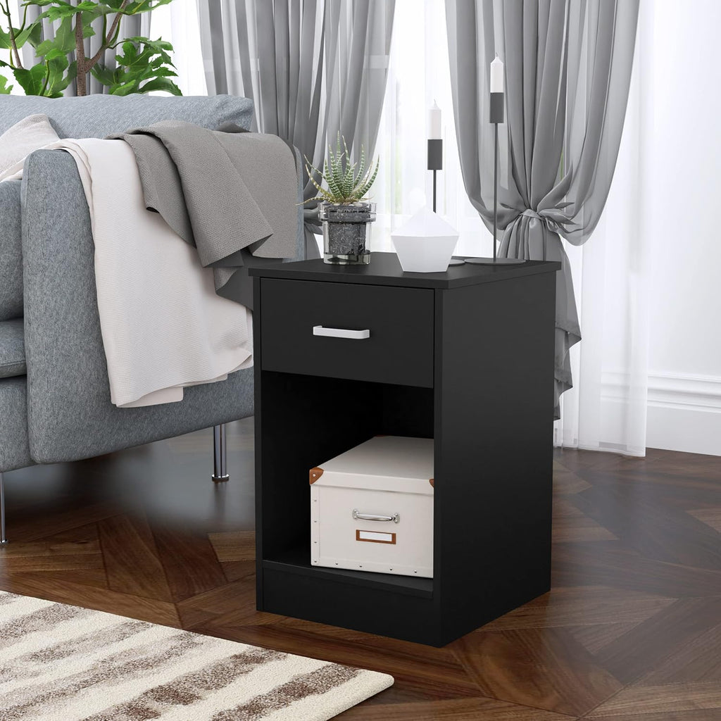 Black 2-Tier Nightstand with 1-Drawer and Open Shelf Y17053