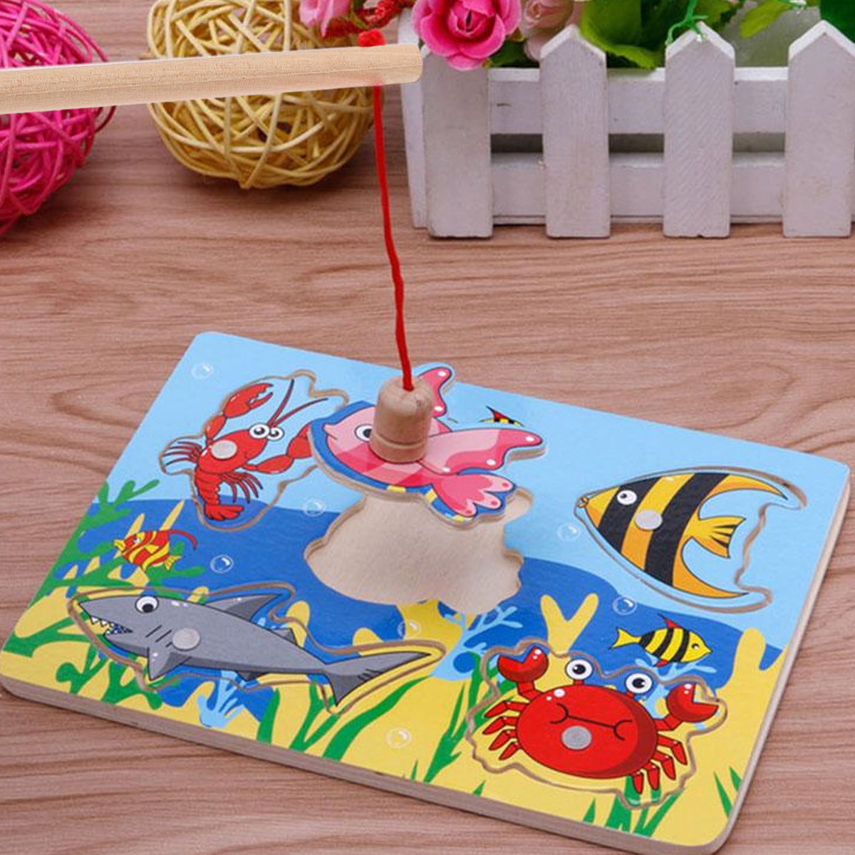 3pcs Kids Toy Magnetic Wood Fishing Poles Fishing Games Wooden Fishing Rod U1091