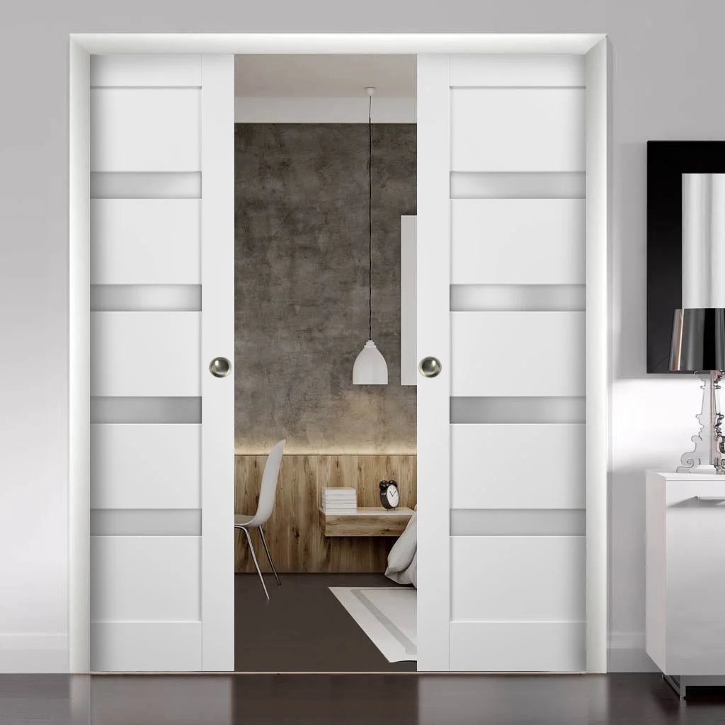 White Silk Frosted Opaque Glass Double Pocket Doors with Frames P594460