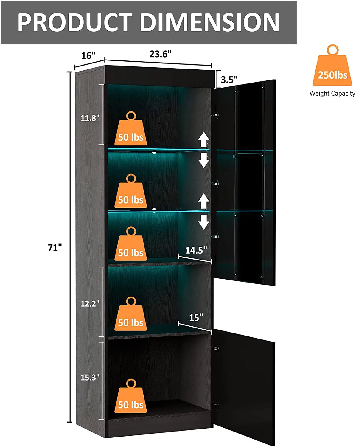 Black 2 Piece Bookcase Storage Cabinet with 3-Tier Adjustable Glass Shelves V887163