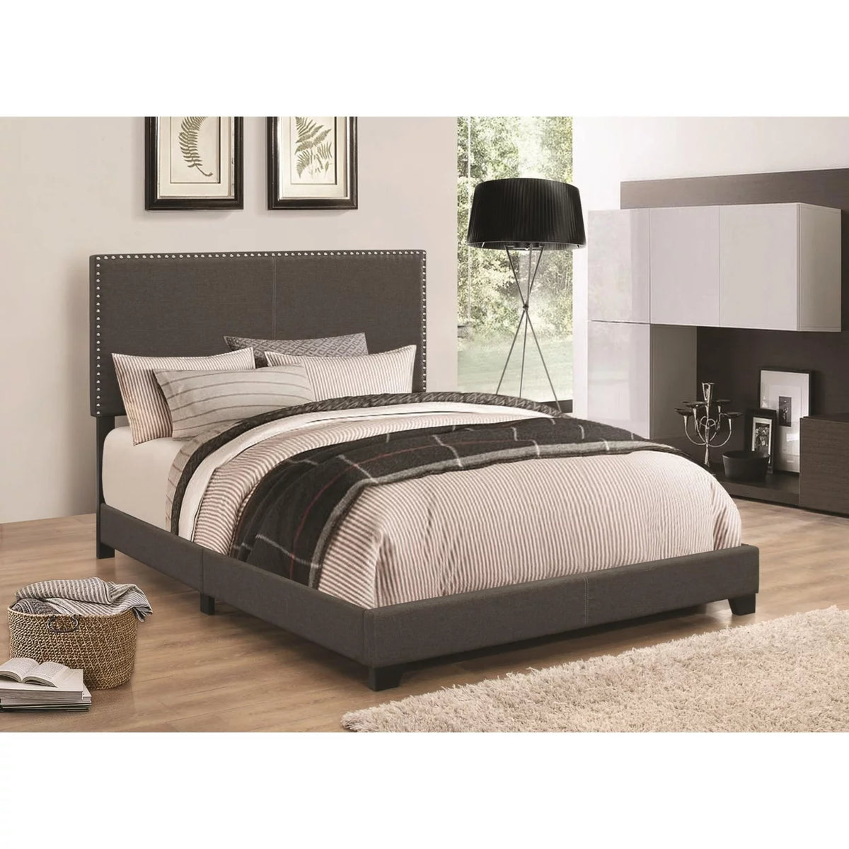 Twin Upholstered Bed with Nailhead Trim Charcoal A854