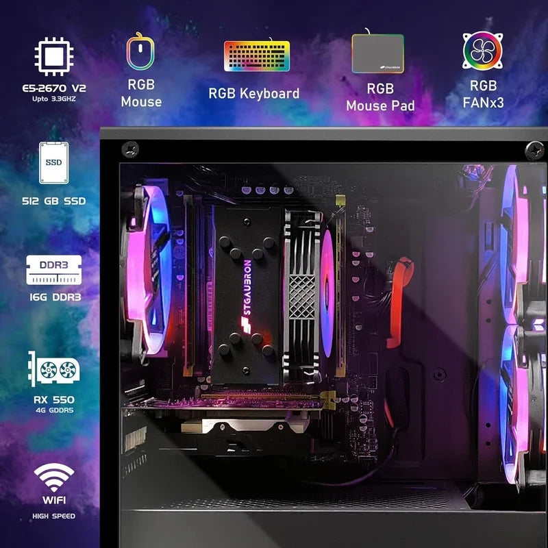 Gaming Desktop PC, Intel Xeon E5 2.5G, 16G RAM, 512G SSD, Radeon RX 550 4G, RGB Fan x 3 W401603