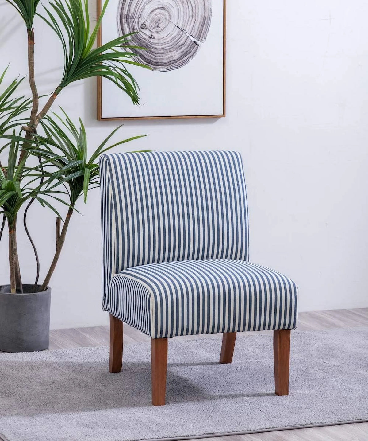 Armless Accent Chair with Wood Legs, Navy and White Stripe Fabric T513
