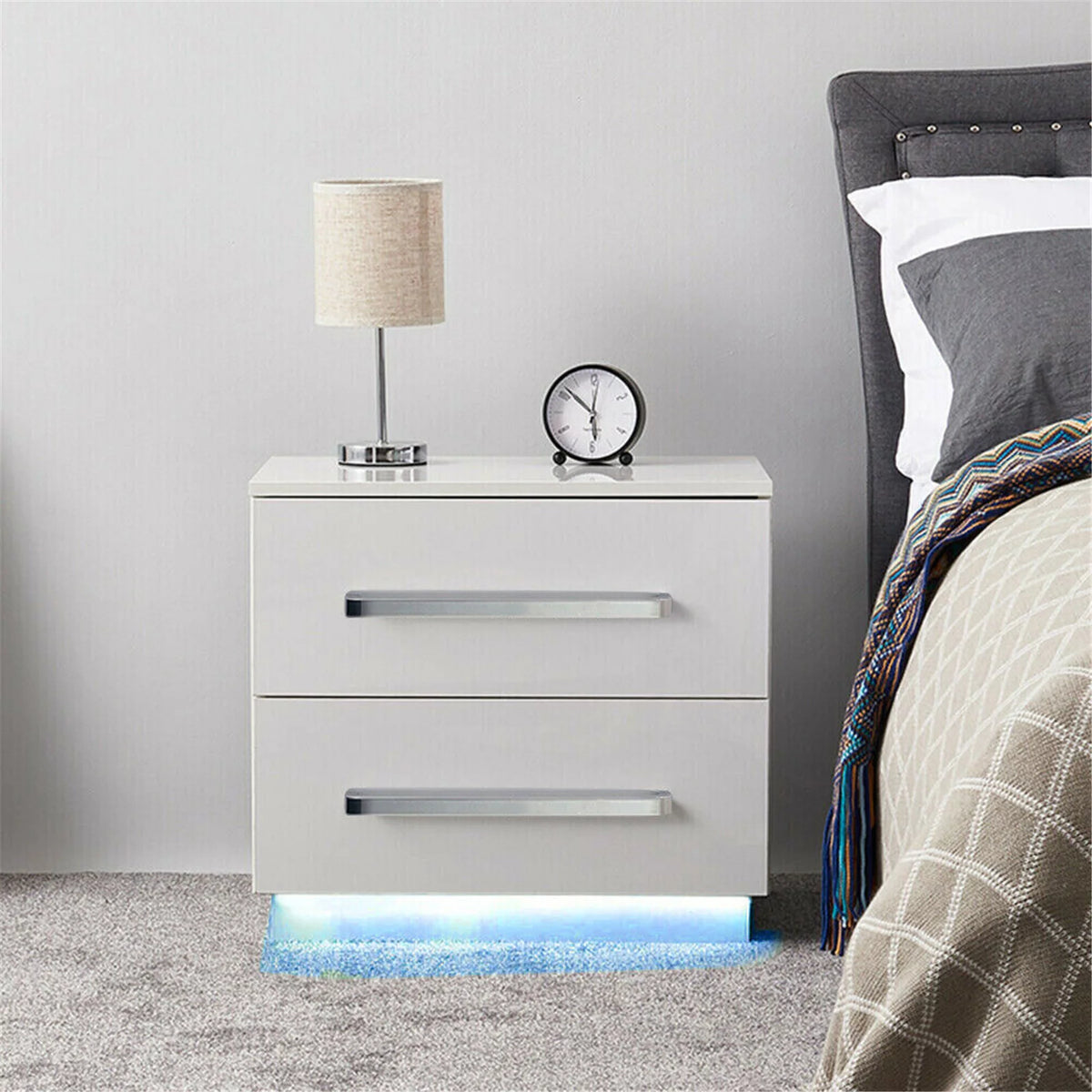 White High Gloss Nightstand with LED Light 2 Drawers P521