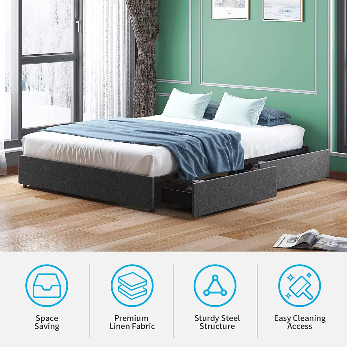 Cal King Size Platform Bed Frame with 4 Storage Drawers Cotton Linen Fabric Dark Grey Z55477