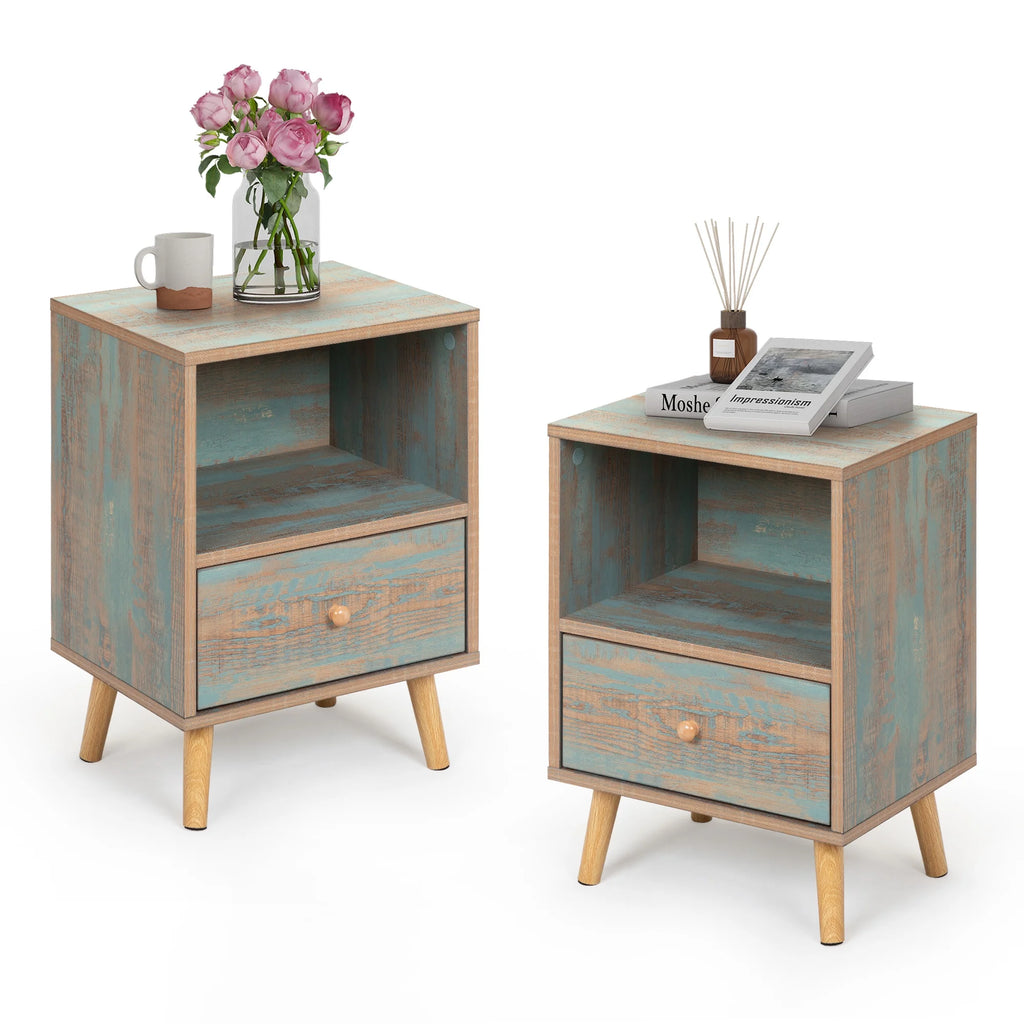 Set of 2 Wooden Nightstand with Drawer and Shelf F17485