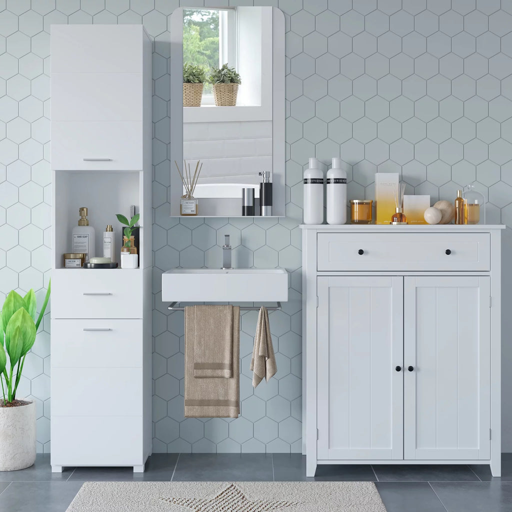 White Wood Cabinet with Doors and Shelves A846