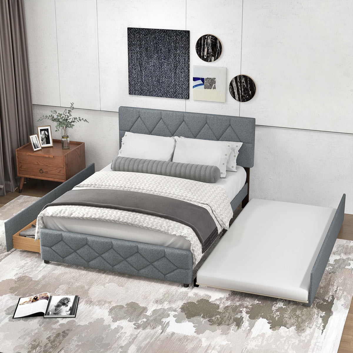 Queen Upholstered Platform Bed with Twin XL Trundle and 2 Drawers V18739