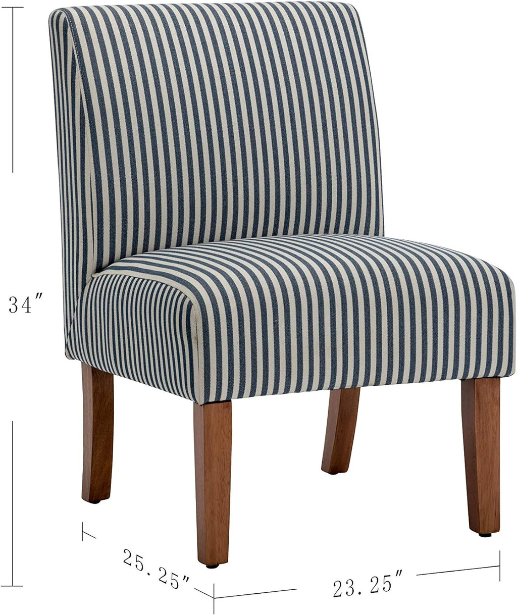 Armless Accent Chair with Wood Legs, Navy and White Stripe Fabric T513