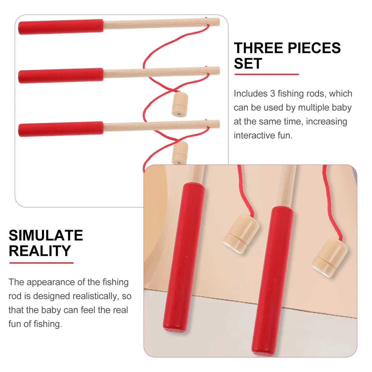 3pcs Kids Toy Magnetic Wood Fishing Poles Fishing Games Wooden Fishing Rod U1091