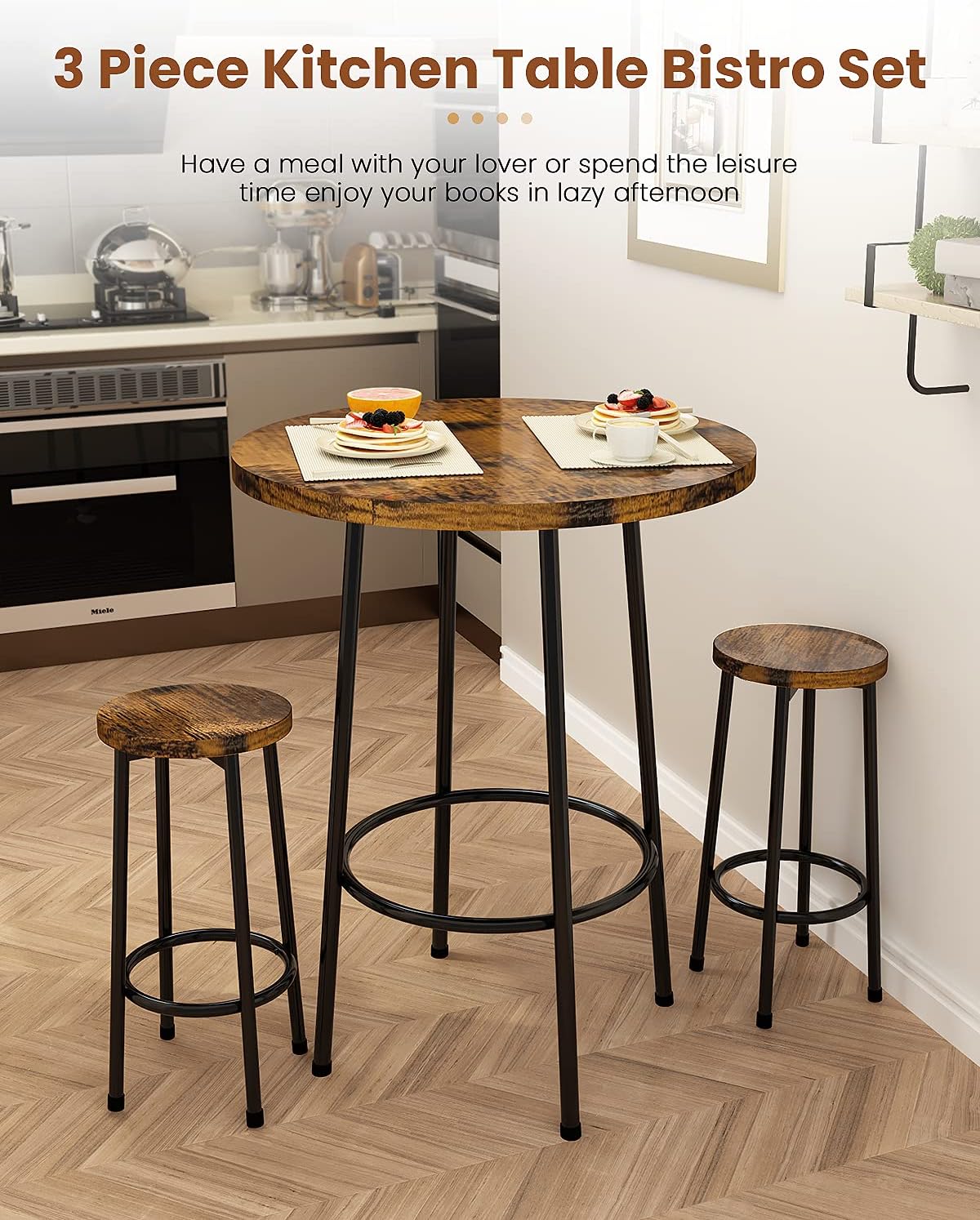 Rustic Brown 3 Piece Round Bar Table and Stools K796