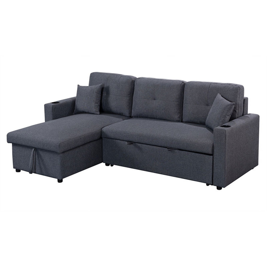 Dark Gray Linen Fabric Reversible Sleeper Sofa Chaise with Cup Holder N293