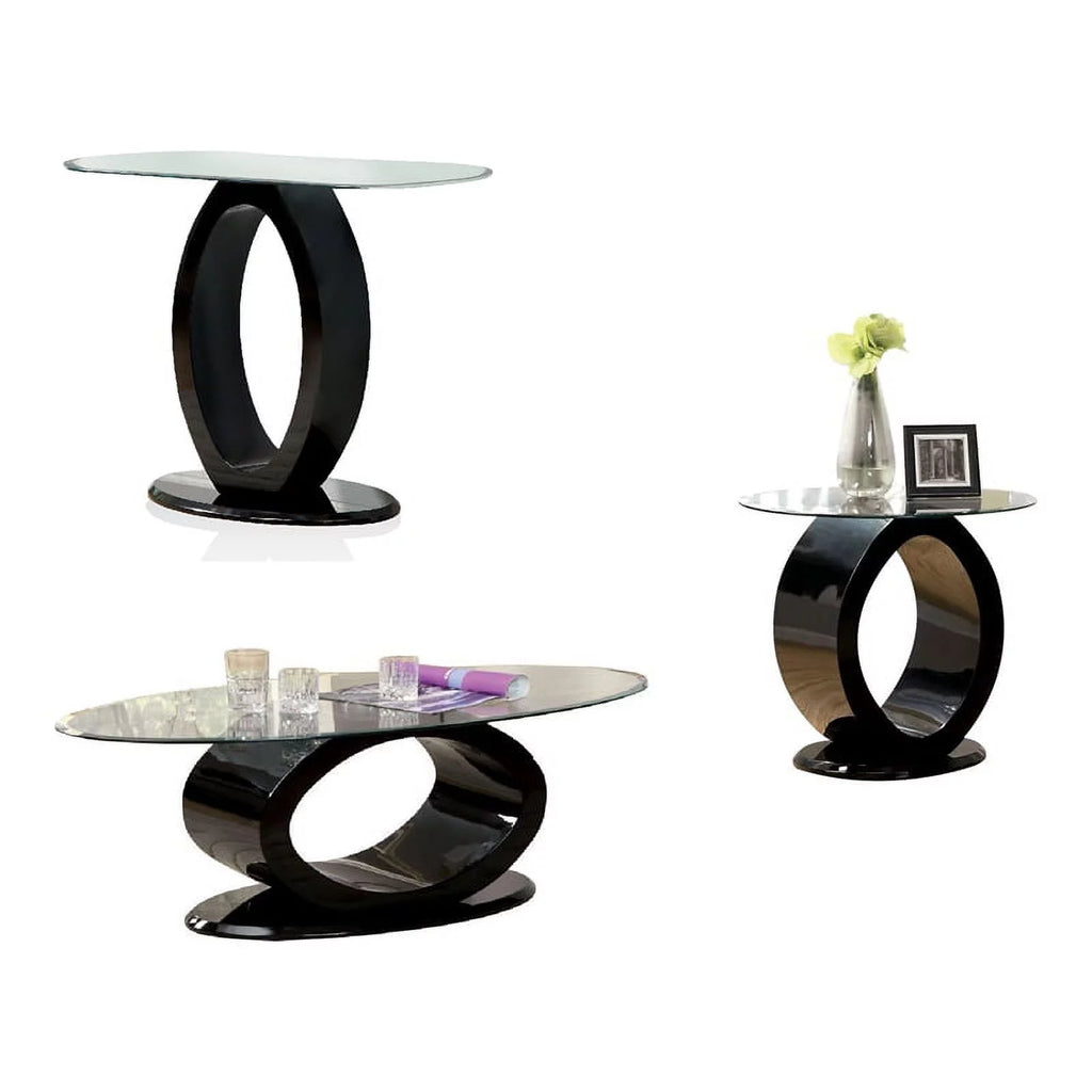 Black 3-Piece Tempered Glass Top Coffee Table Set R893