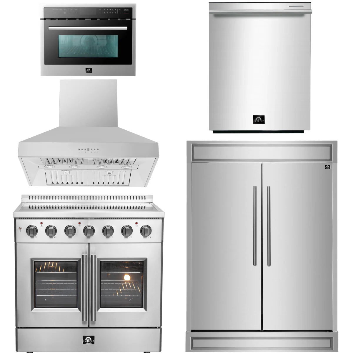 36 Electric French Door Range, Wall Mount Range Hood, Refrigerator, Dishwasher and Microwave M1886
