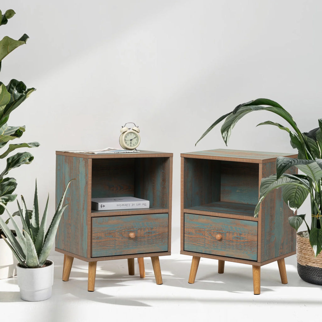 Set of 2 Wooden Nightstand with Drawer and Shelf F17485