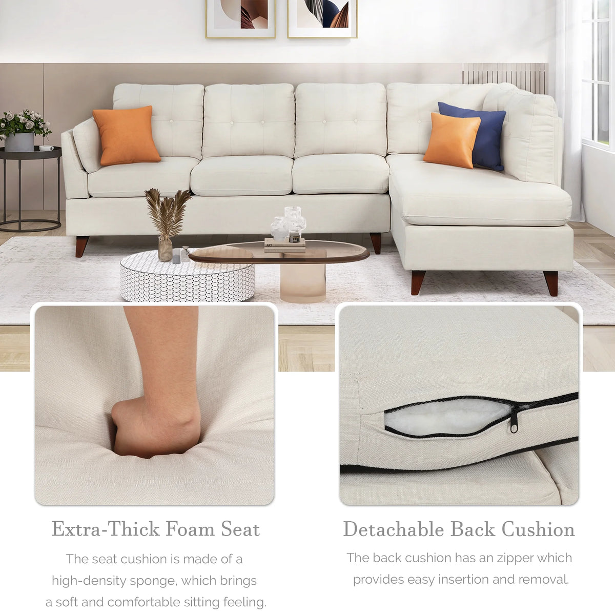 Beige Linen Fabric L-Shape Sectional Sofa with Chaise Lounge Z879855