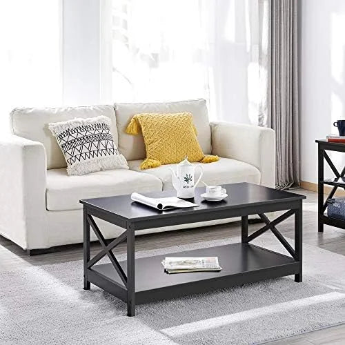 Black 2-Tier Wood Coffee Table 39.5 x 21.5 x 18 Inches U34983