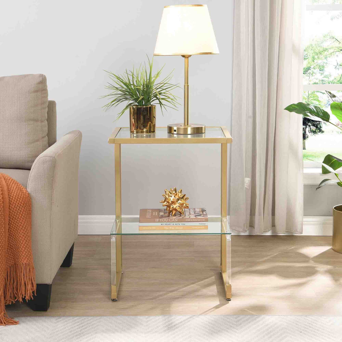 2-Tier Acrylic Glass End Table with Tempered Glass Shelves N255