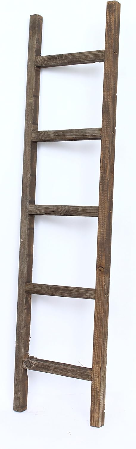 Rustic Farmhouse Decorative Ladder, 6 ft, 100% Recycled and Reclaimed Wood, Brown P714