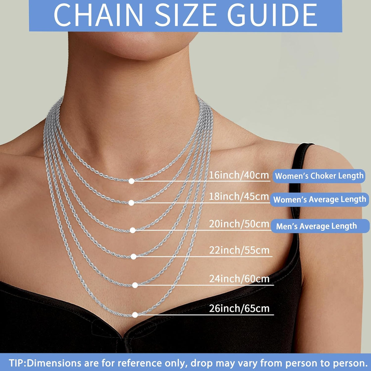 14K Gold Rope Chain Necklace, 2.5mm 3mm 4mm Stainless Steel, 16 18 20 22 24 26 Inch P593322