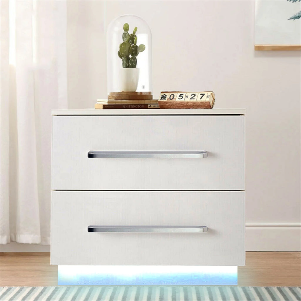 White High Gloss Nightstand with LED Light 2 Drawers P521