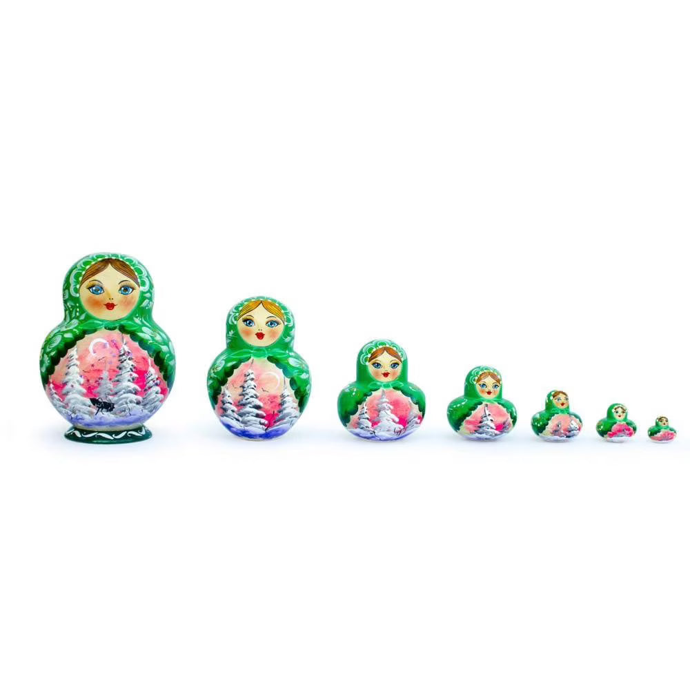 6 Piece Horse Winter Forest Green Nesting Dolls B586918