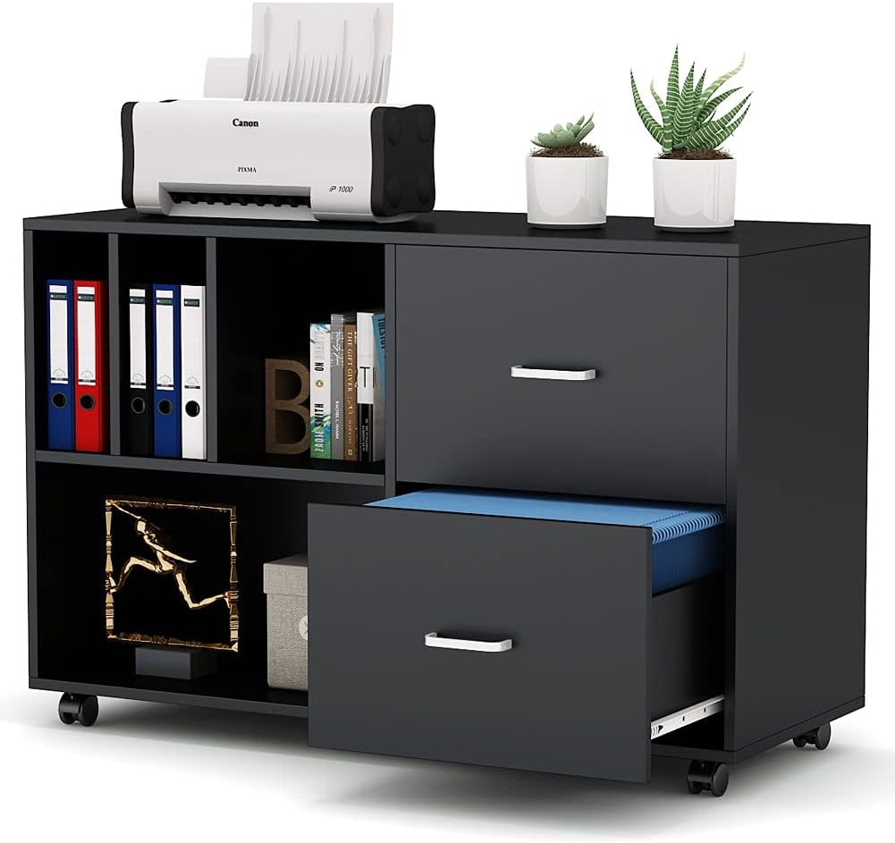 2-Drawer Mobile Filing Cabinet Printer Stand with Wheels and Open Storage Shelves (White) L911974