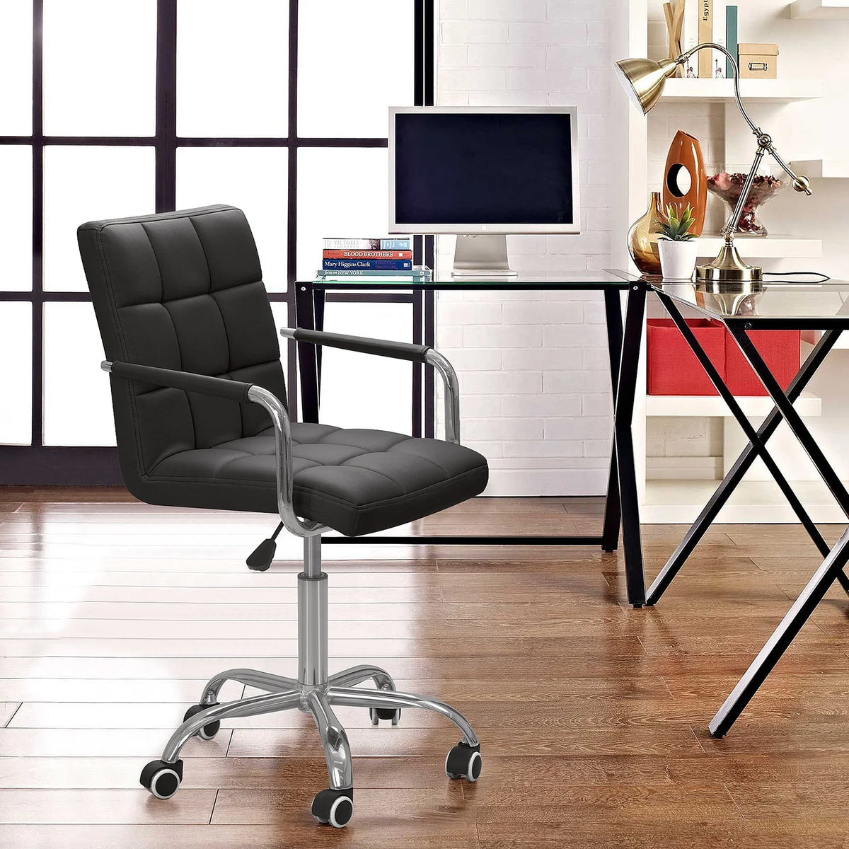 Black Ribbed PU Leather Mid-Back Office Chair X283326