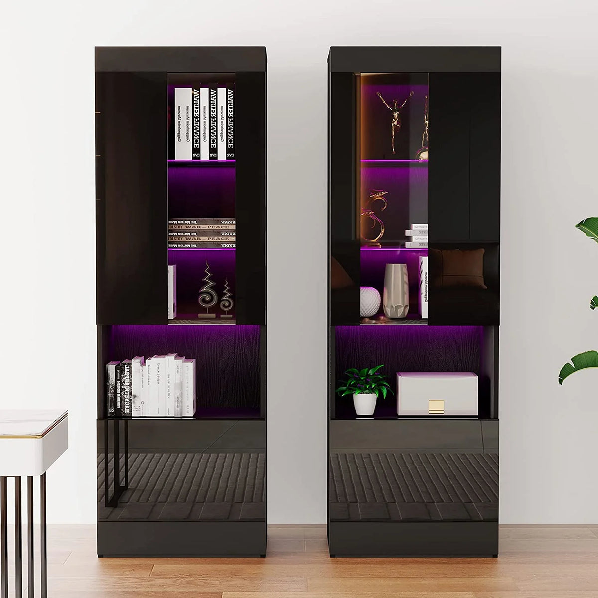 Black 2 Piece Bookcase Storage Cabinet with 3-Tier Adjustable Glass Shelves V887163