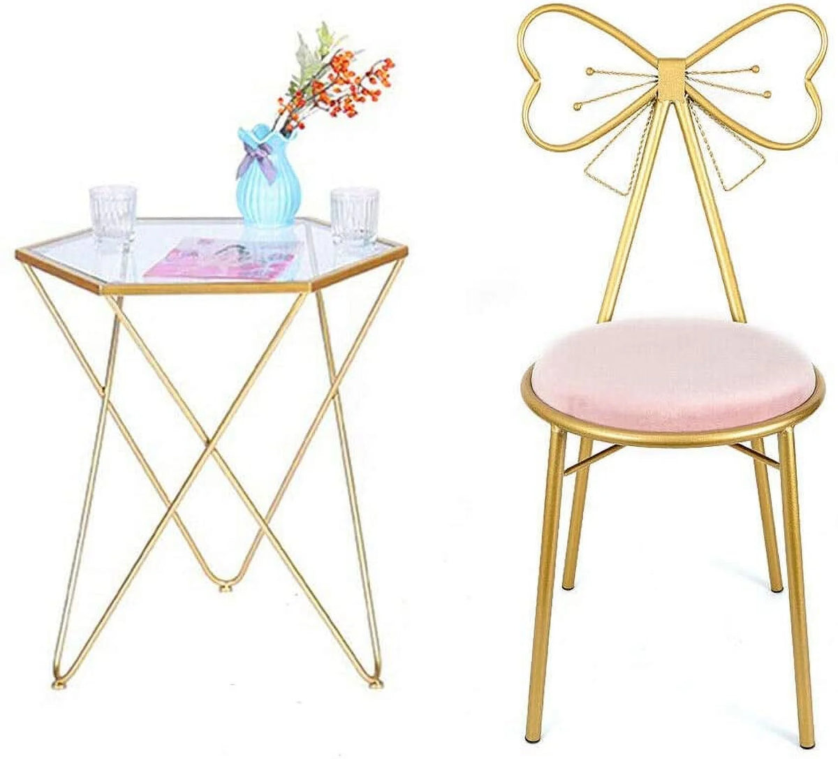 Light Pink Velvet Vanity Chair with Metal Frame T130