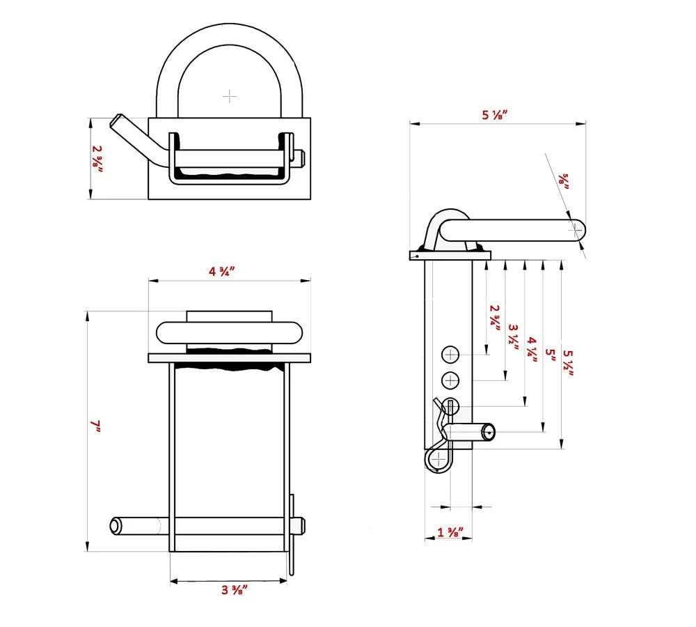 2 Pack Heavy Duty Adjustable Stake Pocket D Ring Black with 1/2" Hitch Pin, 4 Holes, 5400 lbs Load Limit X3234