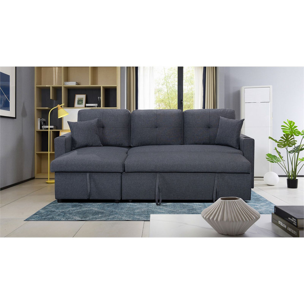 Dark Gray Linen Fabric Reversible Sleeper Sofa Chaise with Cup Holder N293