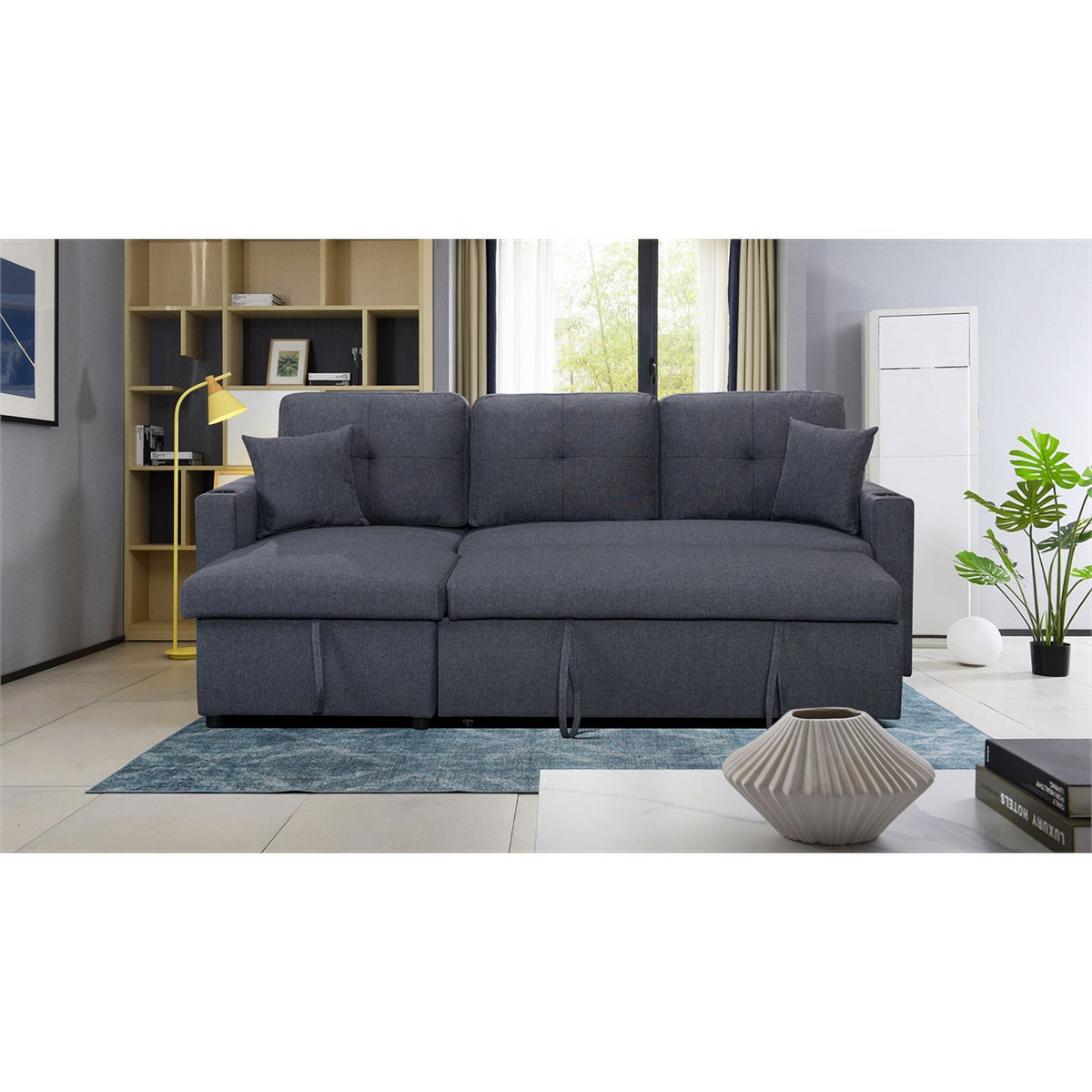 Dark Gray Linen Fabric Reversible Sleeper Sofa Chaise with Cup Holder N293