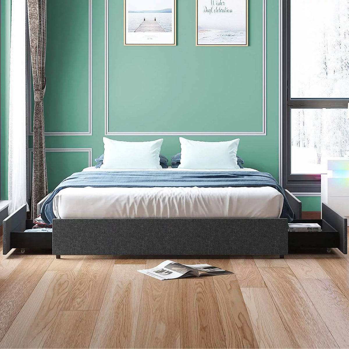 Cal King Size Platform Bed Frame with 4 Storage Drawers Cotton Linen Fabric Dark Grey Z55477