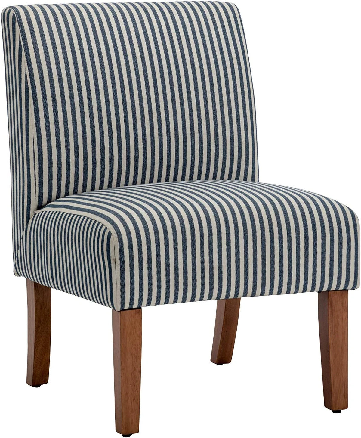 Armless Accent Chair with Wood Legs, Navy and White Stripe Fabric T513