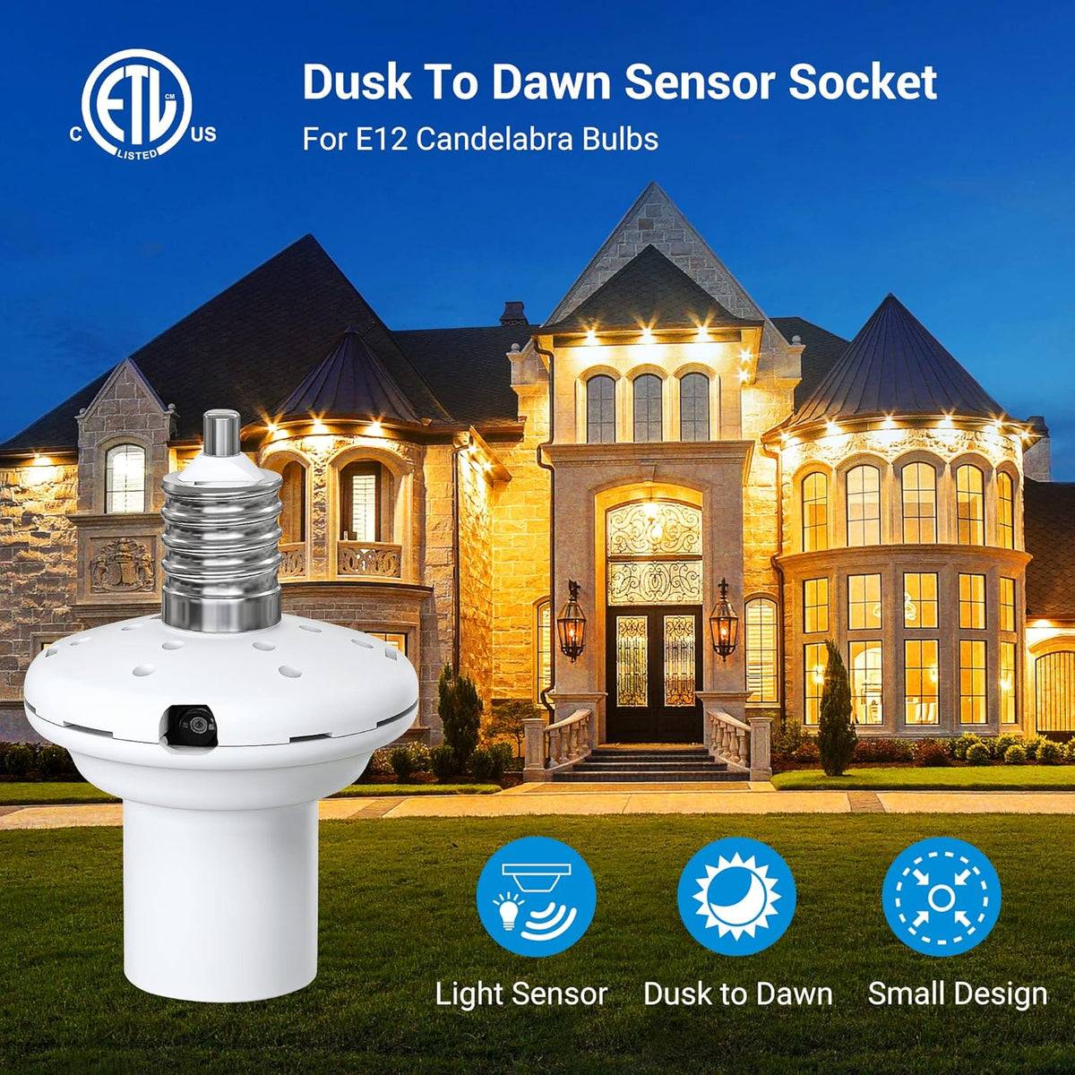 2 Pack E12 Candelabra Light Socket with Photocell Sensor G9929