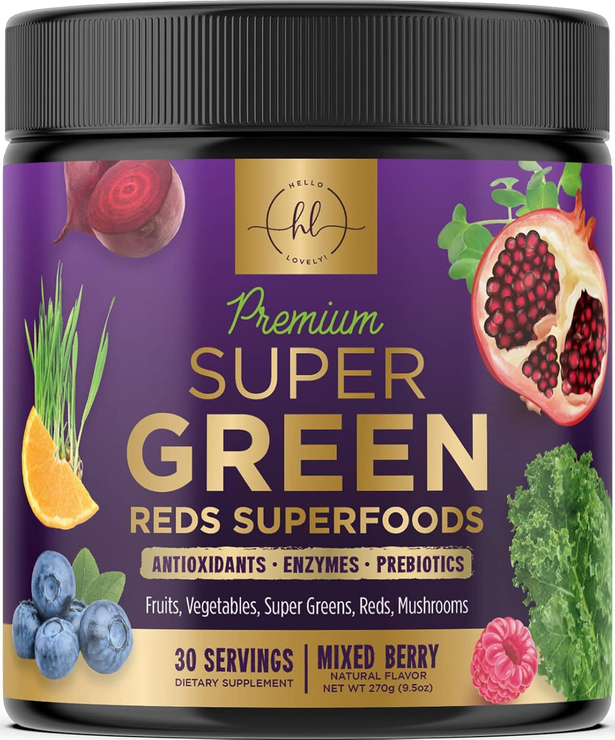 Super Greens Powder with Spirulina, Chlorella, Mushrooms, Antioxidants & Digestive Enzymes - 30 Servings W5648