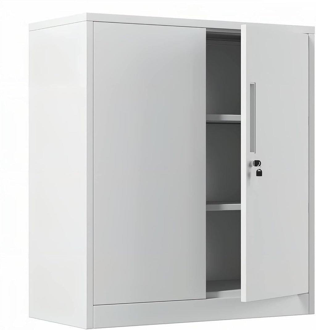 White Metal Storage Cabinet with Locking Doors and 2 Adjustable Shelves Z16996