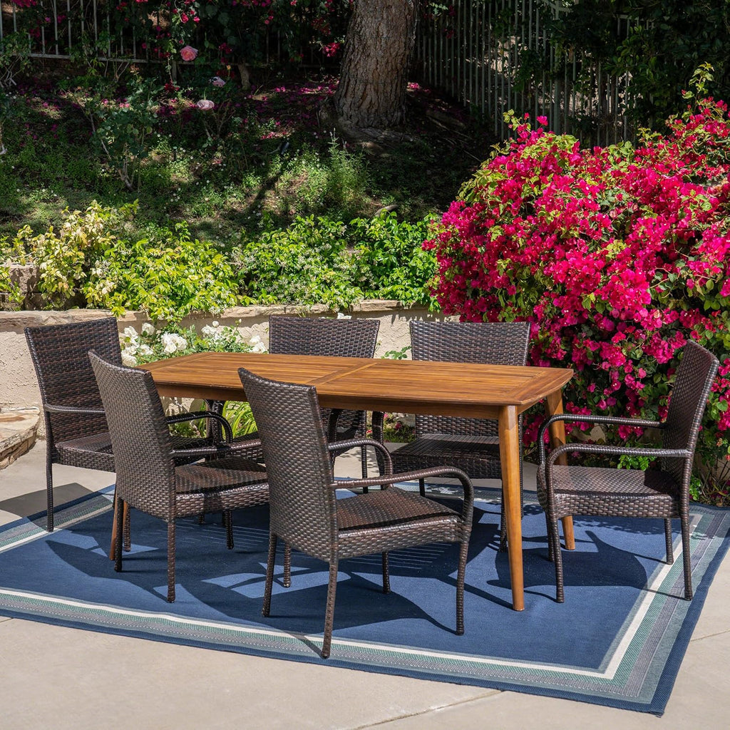 7 Piece Multibrown Wicker and Acacia Wood Dining Set L898