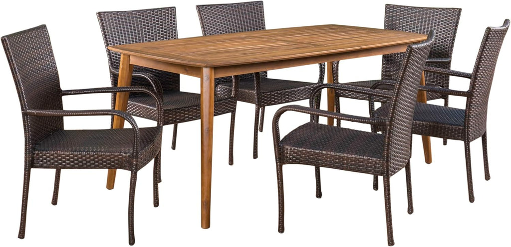 7 Piece Multibrown Wicker and Acacia Wood Dining Set L898