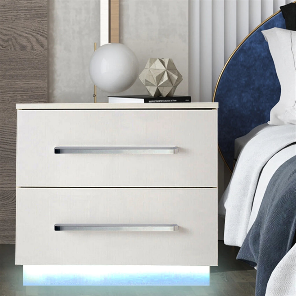 White High Gloss Nightstand with LED Light 2 Drawers P521