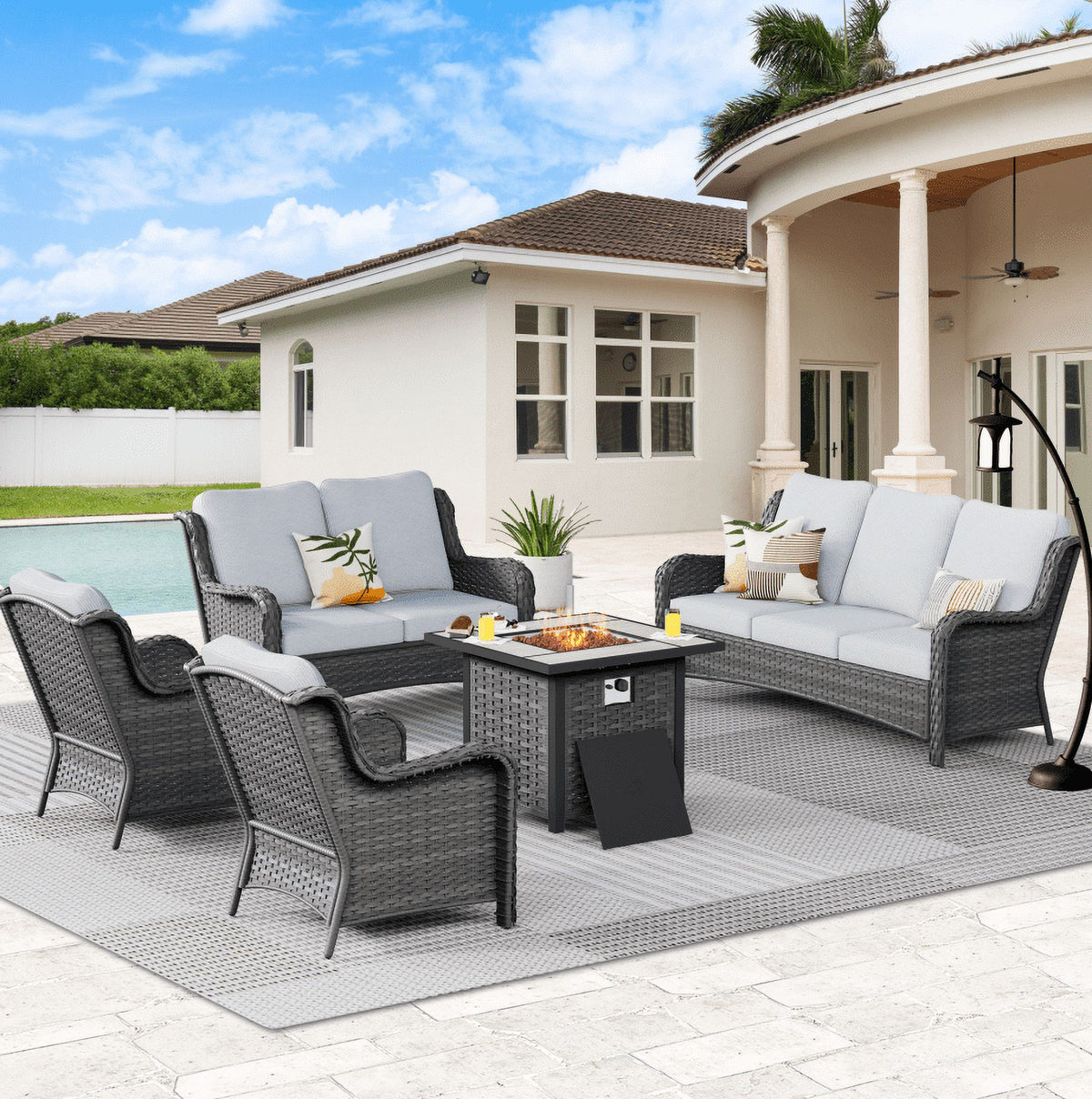 5 Pieces Outdoor Patio Sectional Sofa with Fire Pit Table C72362