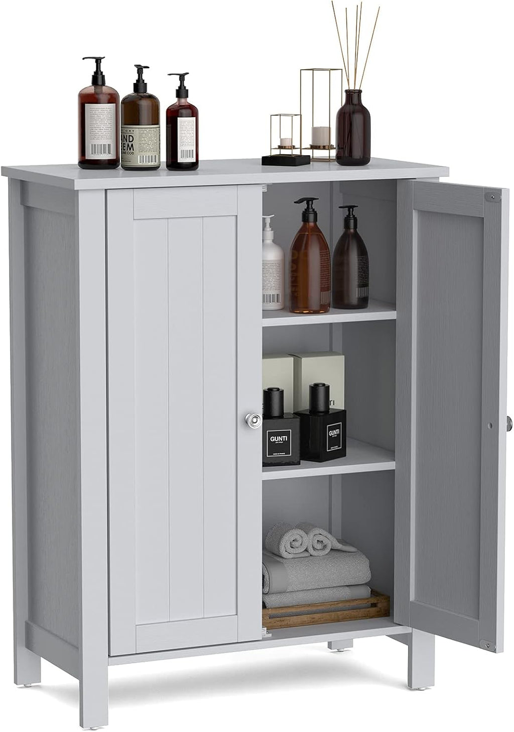 White Wooden Bathroom Floor Cabinet with 3-Tier Adjustable Shelf and Double Doors O242817