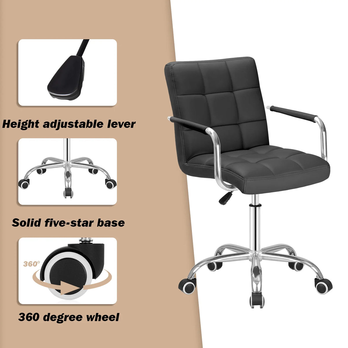 Black Ribbed PU Leather Mid-Back Office Chair X283326