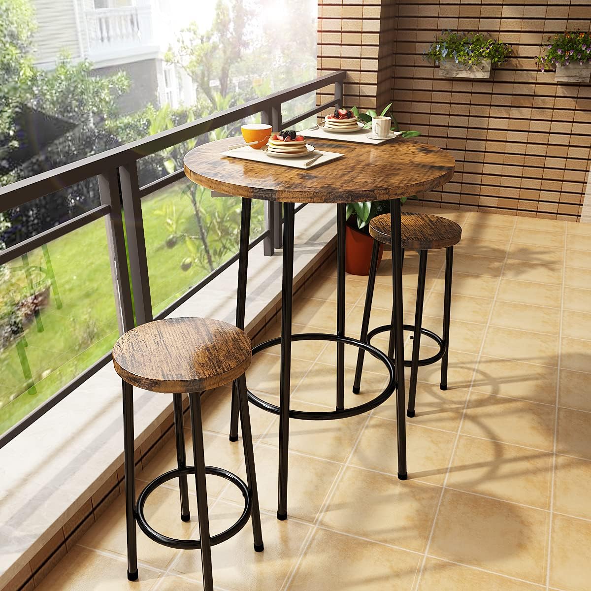 Rustic Brown 3 Piece Round Bar Table and Stools K796