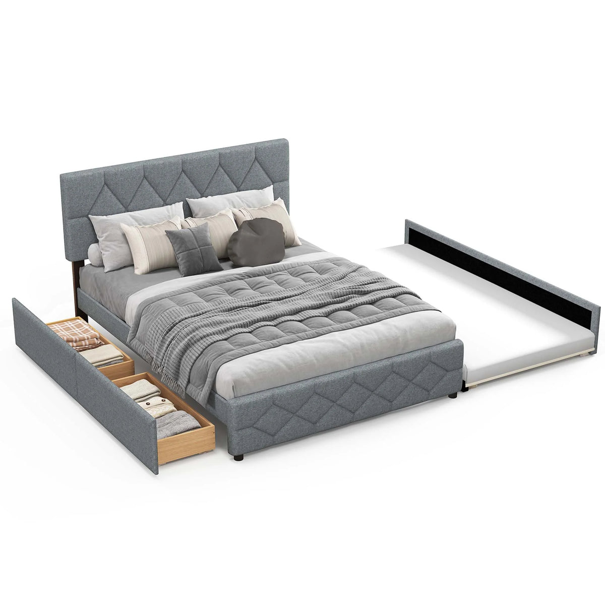 Queen Upholstered Platform Bed with Twin XL Trundle and 2 Drawers V18739