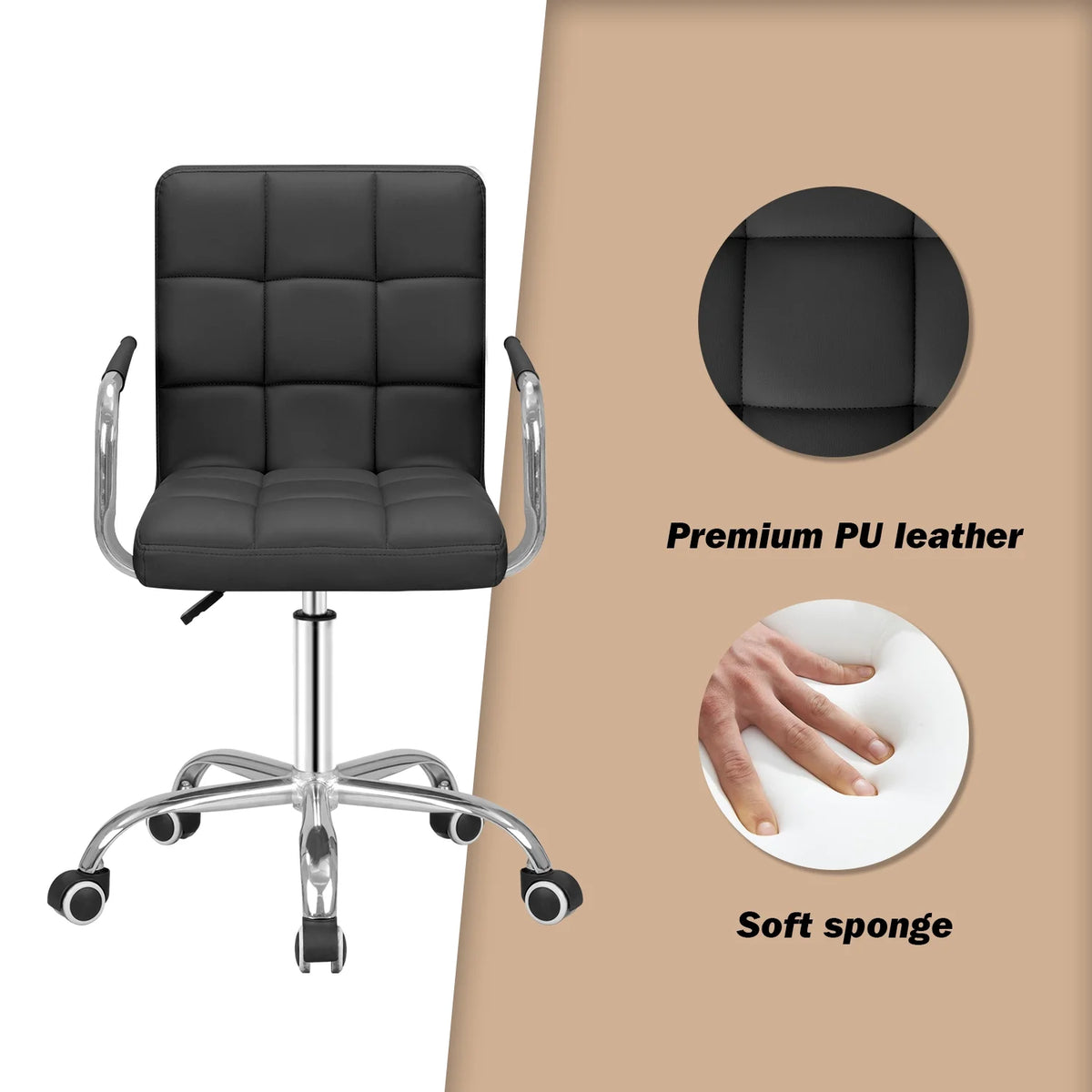 Black Ribbed PU Leather Mid-Back Office Chair X283326