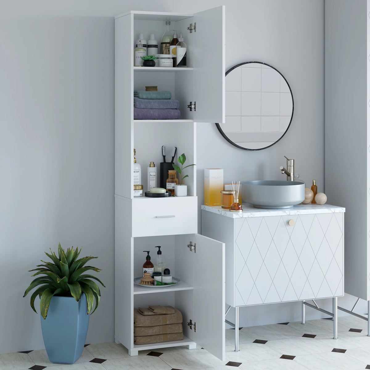 White Wood Cabinet with Doors and Shelves A846